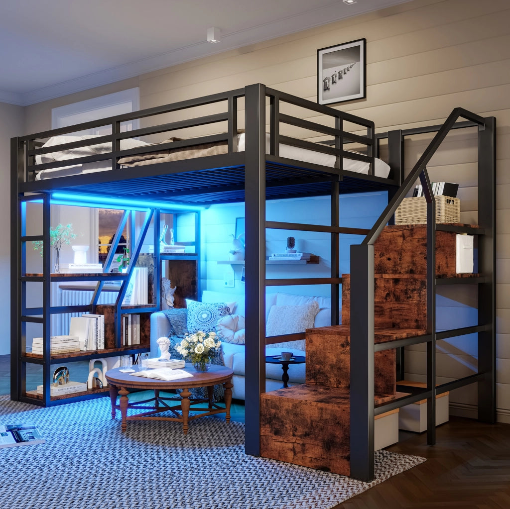 Letto a soppalco 140x200 cm con LED; scala con contenitore e ripiani in metallo e MDF; nero