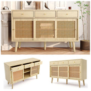 Sideboard con 3 cassetti e 3 ante scorrevoli, intreccio di rattan, gambe in legno massello, maniglie in metallo dorato, ripiani regolabili, rovere, 120x40x78 cm