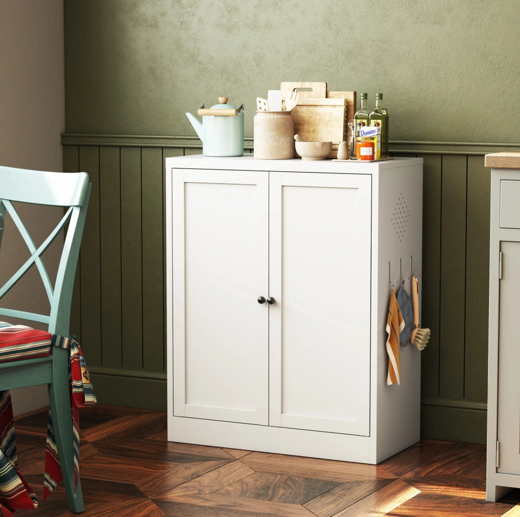 Armadio dispensa ULEVR 88x70x35 cm in metallo bianco con 2 ripiani regolabili, ventilazione laterale e ganci esterni