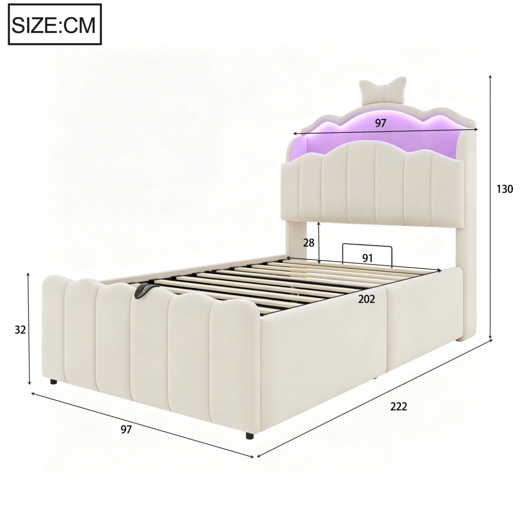 Letto per bambini imbottito 90x200 cm con contenitore idraulico, LED, USB e USB-C, beige