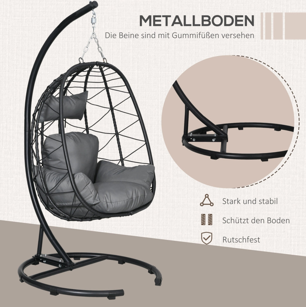 Poltrona sospesa in rattan con supporto e cuscini, nera