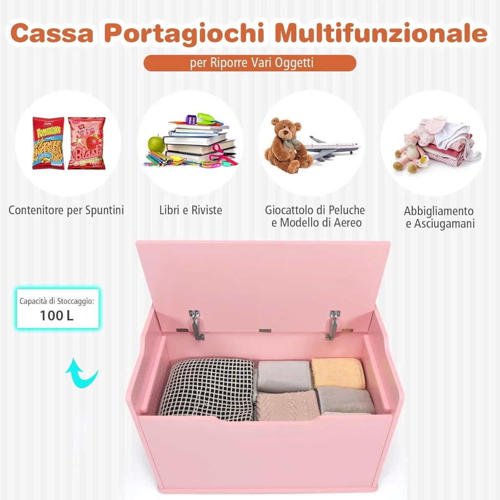 Cassapanca Portagiochi con Cuscino, Contenitore Porta Giochi in Legno, Cassa Panca per Bambini con Schienale e Cerniera di Sicurezza, per Cameretta, 74 x 39 x 52 cm (Rosa)
