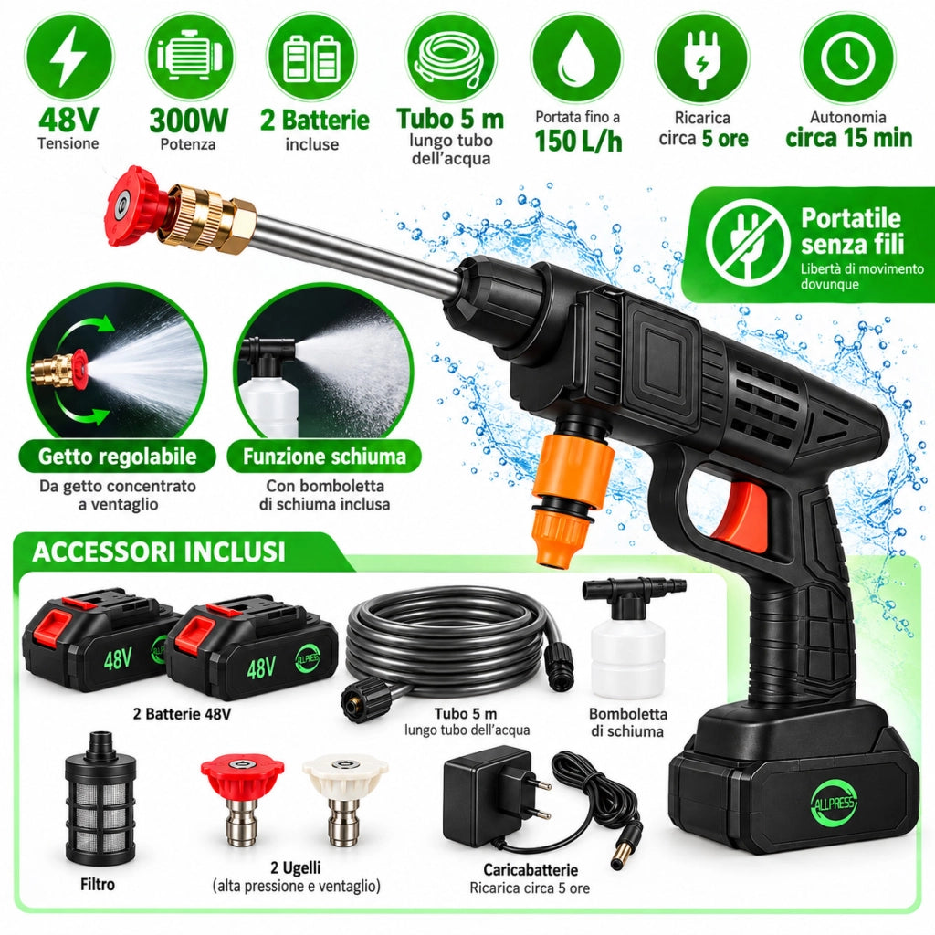 IDROPULITRICE PISTOLA PORTATILE BATTERIA PRESSIONE LAVAGGIO AUTO 48V