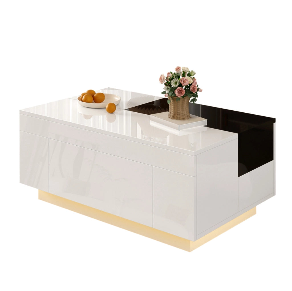 Tavolino da caffè moderno con LED RGB; piano estraibile e cassetto; 80 x 50 x 35;5 cm; bianco e nero
