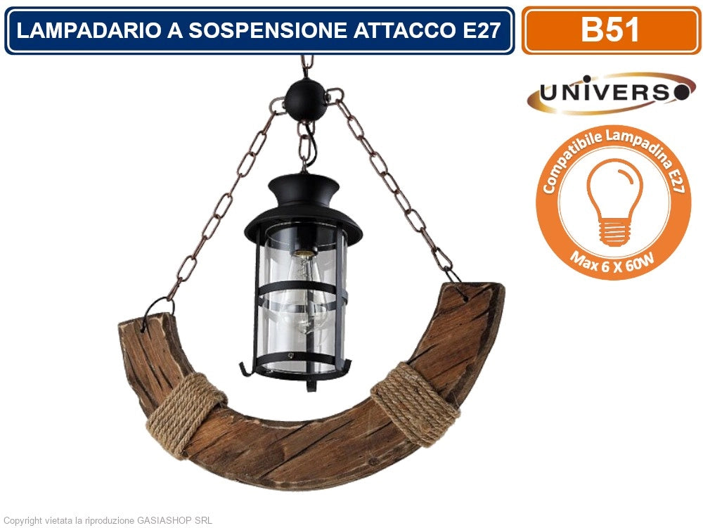 LAMPADARIO A SOSPENSIONE COUTRY RUSTICO IN LEGNO CON LANTERNA ATTACCO E27