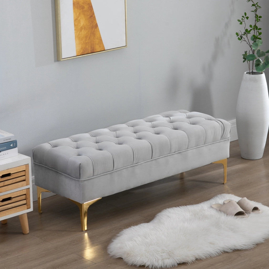 Panca imbottita capitonn¨¦ velluto grigio chiaro ¨C Xylo ¨C 118x45x42 cm piedi metallo dorato