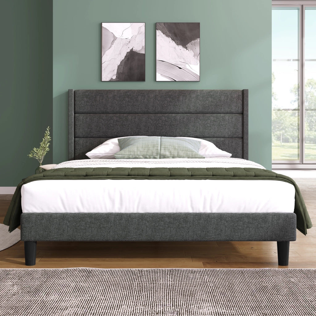 Letto matrimoniale 140 × 200 cm 2 posti, testiera imbottita e materasso H3 a 7 zone, in lino grigio scuro
