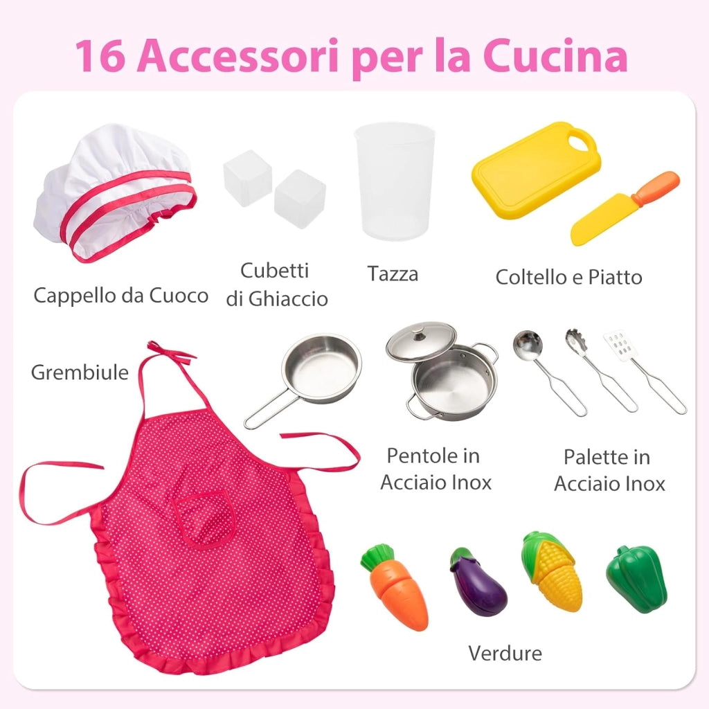 Cucina Giocattolo per Bambini, Cucina Legno per Bambini con Macchina del Ghiaccio, Telefono, Lavatrice, Microonde, Altezza Regolabile, Funzione Luci e Suoni, per 3+ Anni (Rosa)
