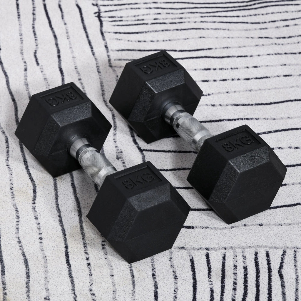Set 2 Manubri Esagonali da 8 kg in Metallo e Gomma Nero
