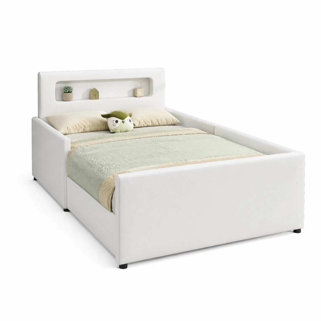Letto singolo imbottito per bambini 90 × 200 cm con luce notturna USB cassetti e sponde rialzate bianco