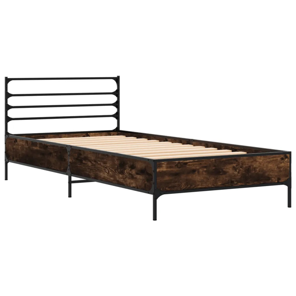Letto singolo | Letto per adulti | Giroletto Rovere Fumo 90x200 cm in Legno Multistrato e Metallo