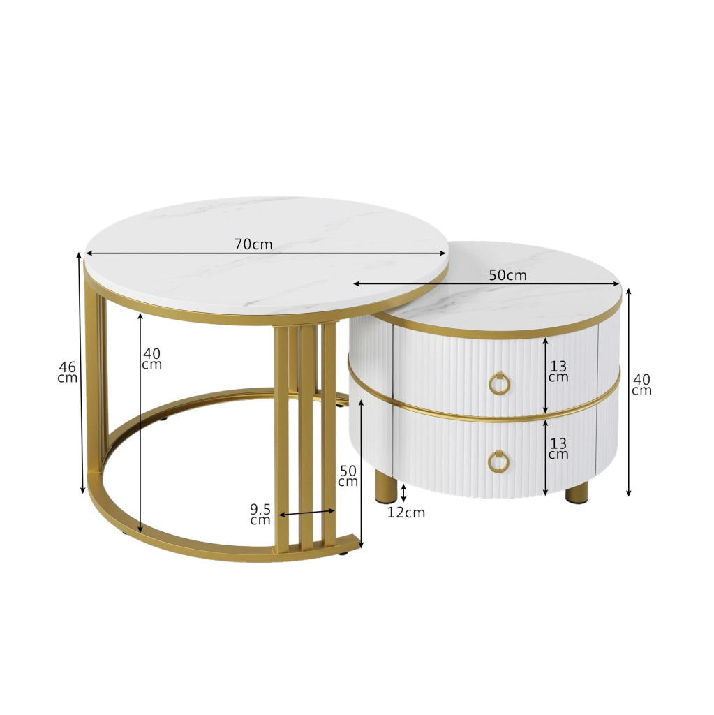 Set di 2 tavolini da caff¨¨ rotondi 70x70 e 50x50 cm in MDF con 2 cassetti
