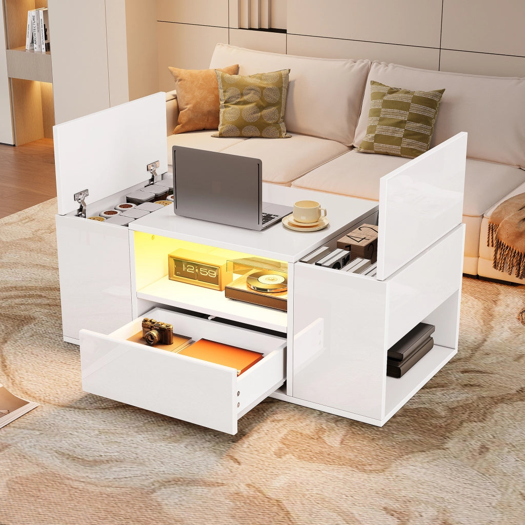 Tavolino da salotto 100 x 50 x 40 cm con LED; finitura bianco lucido; da assemblare