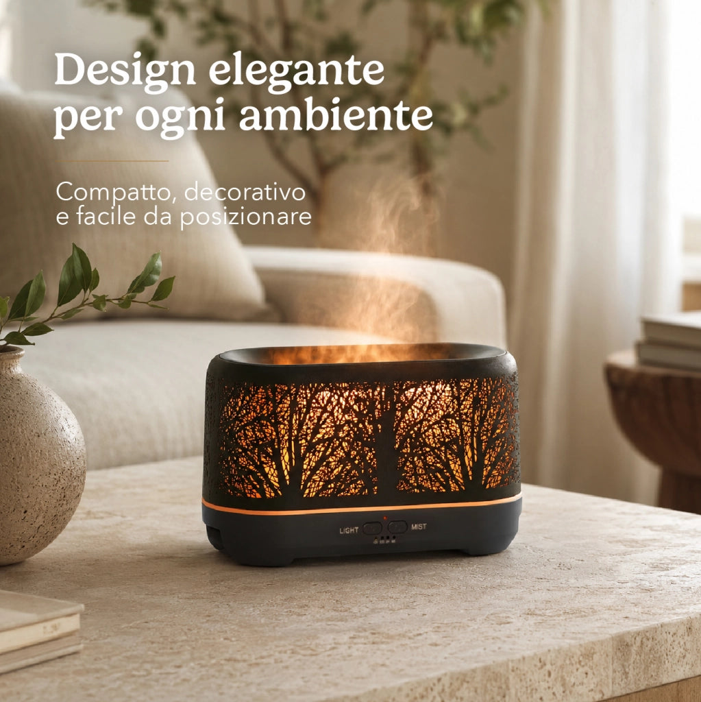 Diffusore di Aromi 200 ml con Effetto Fiamma LED, Umidificatore per Ambienti con Design Foresta, Autonomia fino a 4 Ore, Alimentazione USB/240V