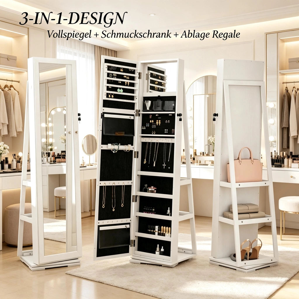 Armadio portagioie con specchio girevole a 360° in MDF e vetro bianco chiudibile con 2 chiavi 38 × 38 × 160 cm
