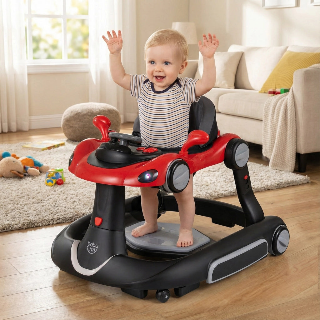 Camminatore per bambini 6-in-1 con tenda centro attivit¨¤ dondolo altalena musica e luci, Macchinina con ruote regolabile per bambini 7-18 mesi Rosso