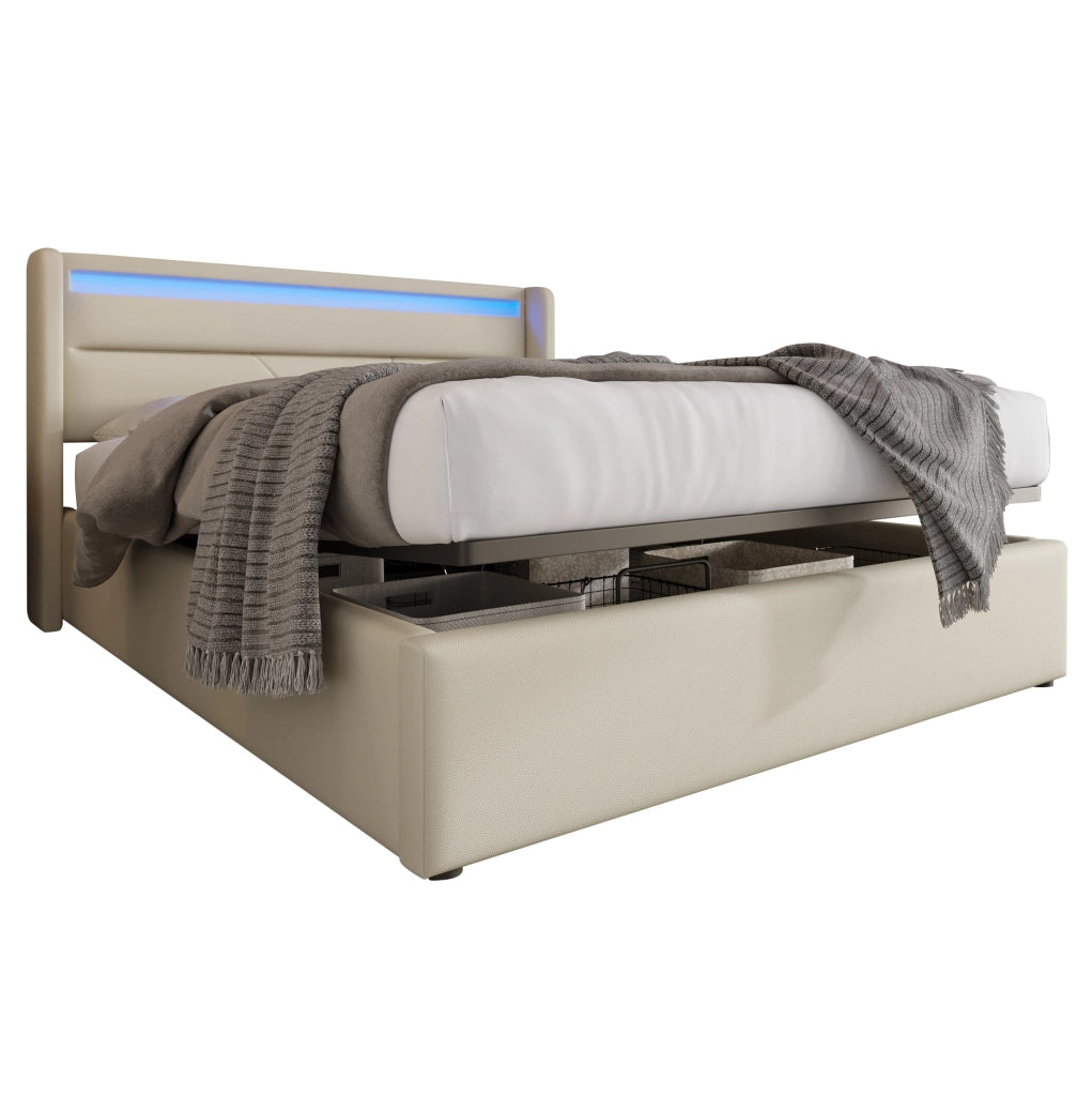 Letto imbottito contenitore 140x200 cm in PU bianco con LED