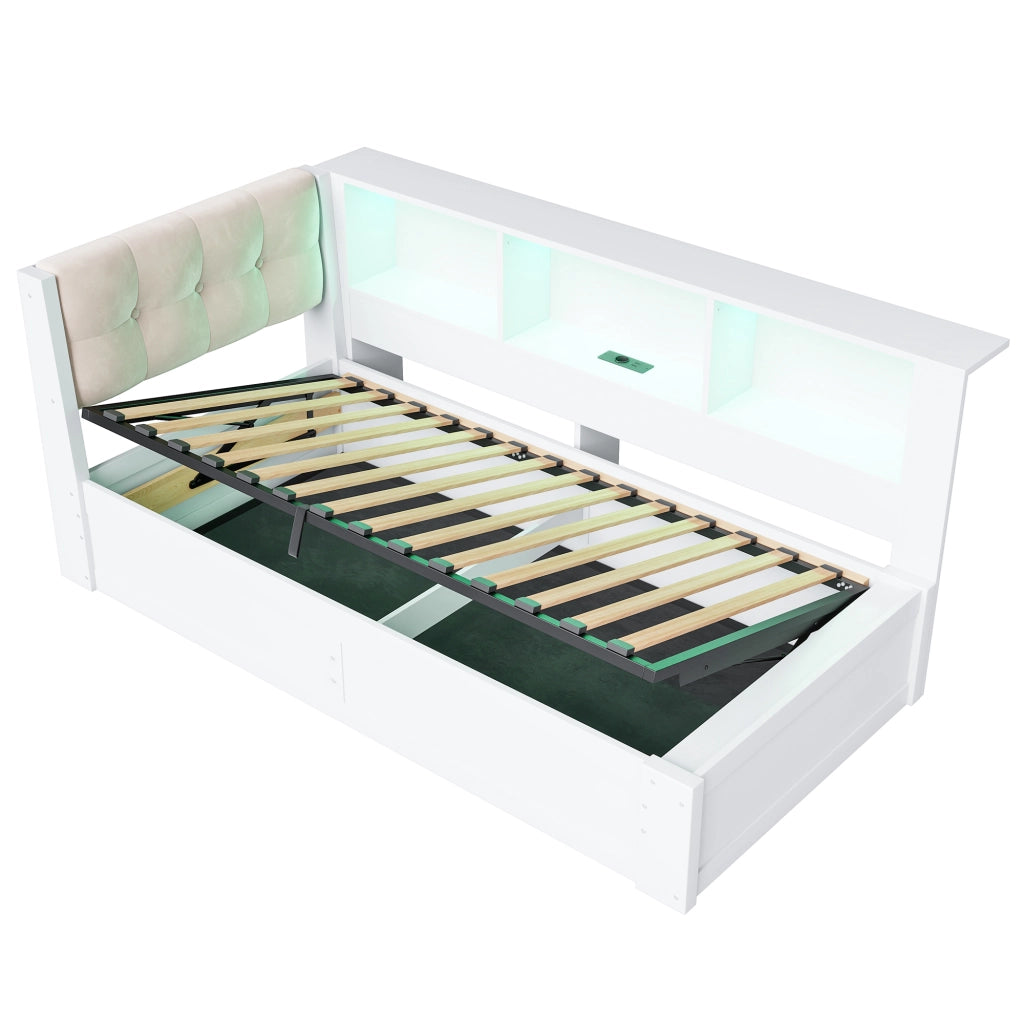 Letto singolo 90 × 200 cm con contenitore idraulico; LED regolabile; ripiano e USB; senza materasso; bianco