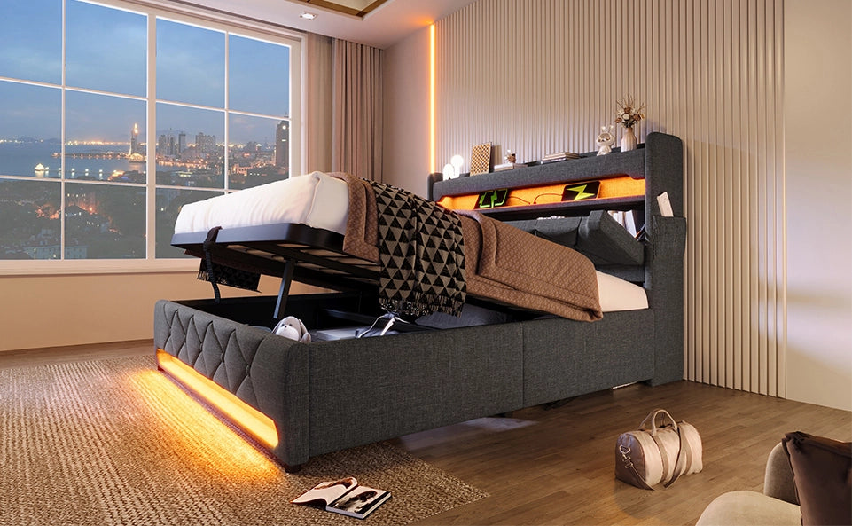 Letto matrimoniale imbottito 140x200 cm con testiera contenitore, porta USB e Type-C, illuminazione LED 360°, tessuto lino grigio senza materasso