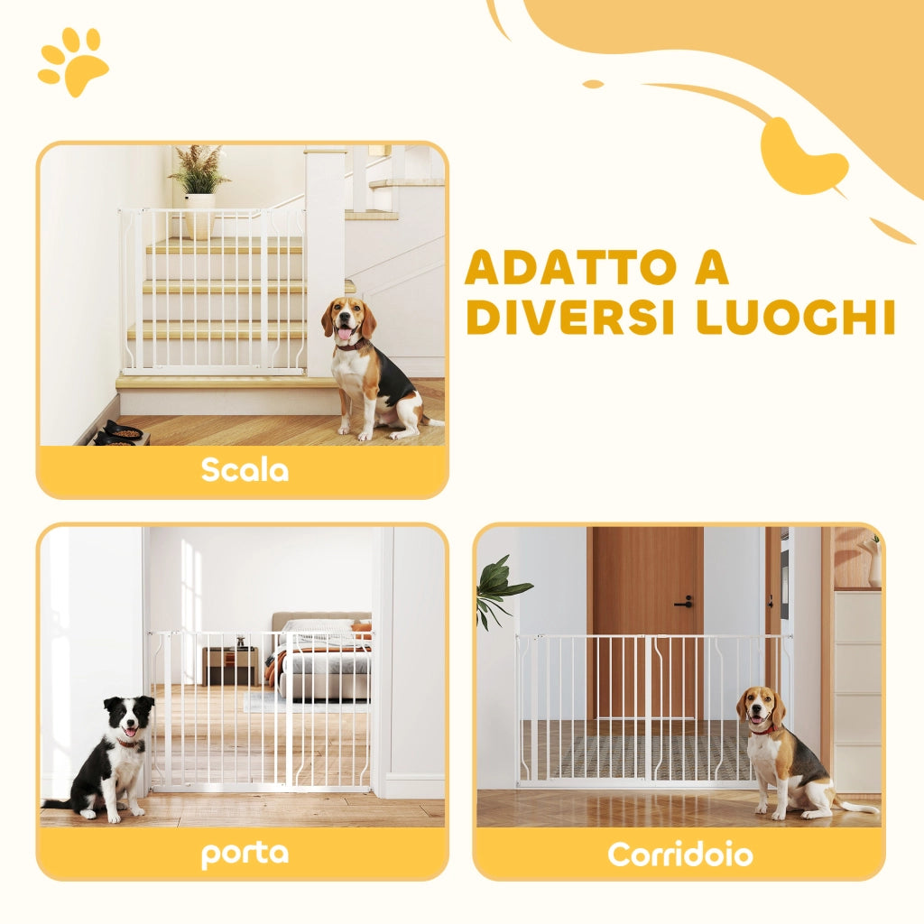 Cancelletto di Sicurezza per Cani Regolabile 75-145 cm in Acciaio e ABS Bianco, Barriera per Porte e Scale Facile da Montare