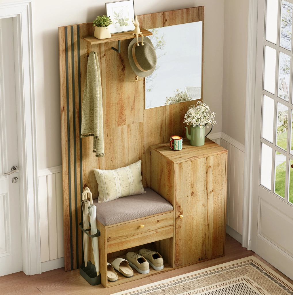 Mobile da ingresso 115x37x185 cm con specchio; seduta e ripiani in MDF naturale e nero