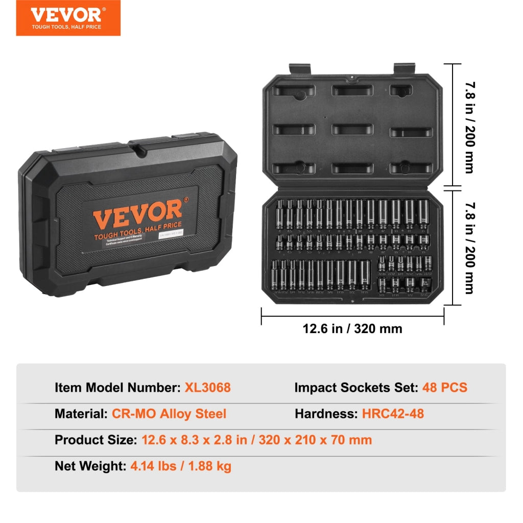 Set 48 Pezzi Bussole a Impatto 1/4" XL3068 in Acciaio Cr-Mo 6 Punte Metriche e SAE con Custodia per Officina e Fai da Te