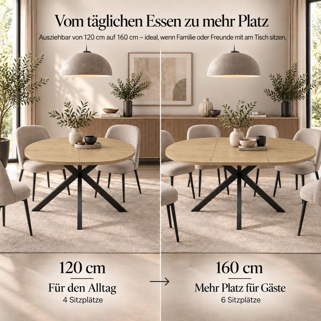 Tavolo da Pranzo Ovale Allungabile 120-160x80 cm 4-6 Posti LEMONMAX; Prolunga Integrata; Piano MDF Effetto Legno e Gambe in Metallo; H 75 cm
