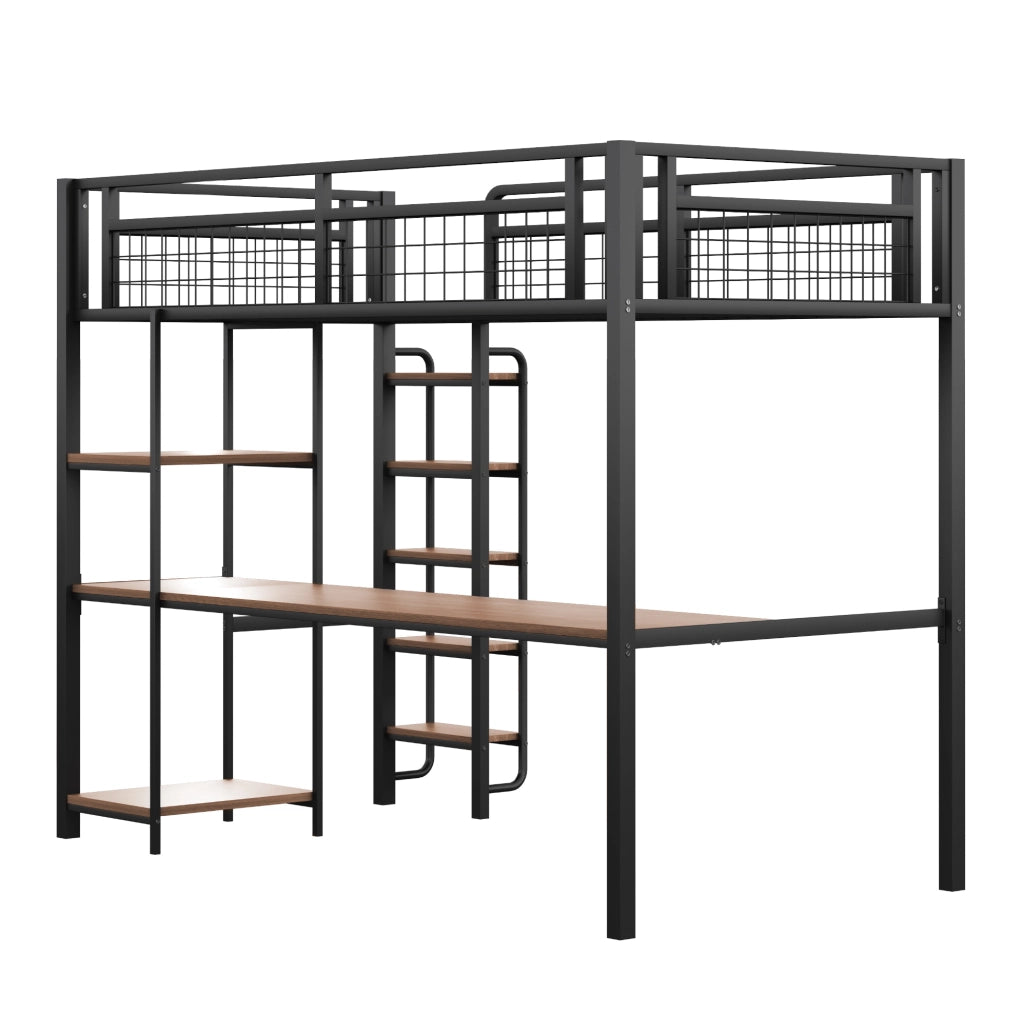 Letto a soppalco in metallo con scrivania e ripiani, 90x200 cm, nero