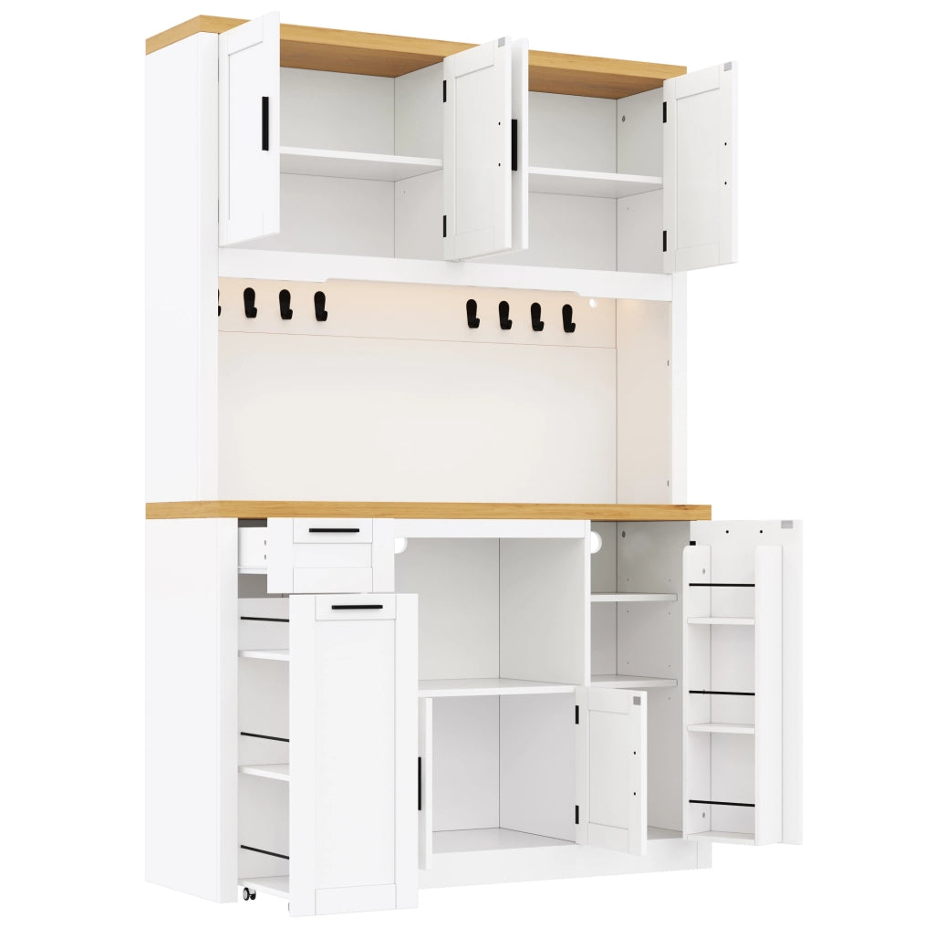Mobile cucina 120x40x182 cm con LED RGB, prese e cassetti in MDF bianco e naturale