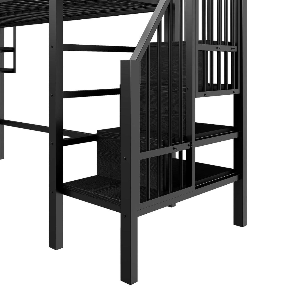 Letto a soppalco 90x200 cm con ripiani e scala contenitore in metallo e MDF nero
