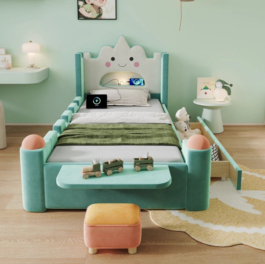 Letto imbottito per bambini 90x200 cm con LED, USB e cassetto
