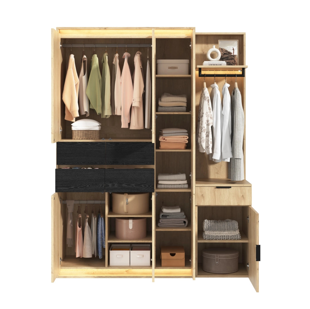 Set guardaroba con specchio e 3 luci LED; 155 ¡Á 47 ¡Á 200 cm; MDF; 5 cassetti