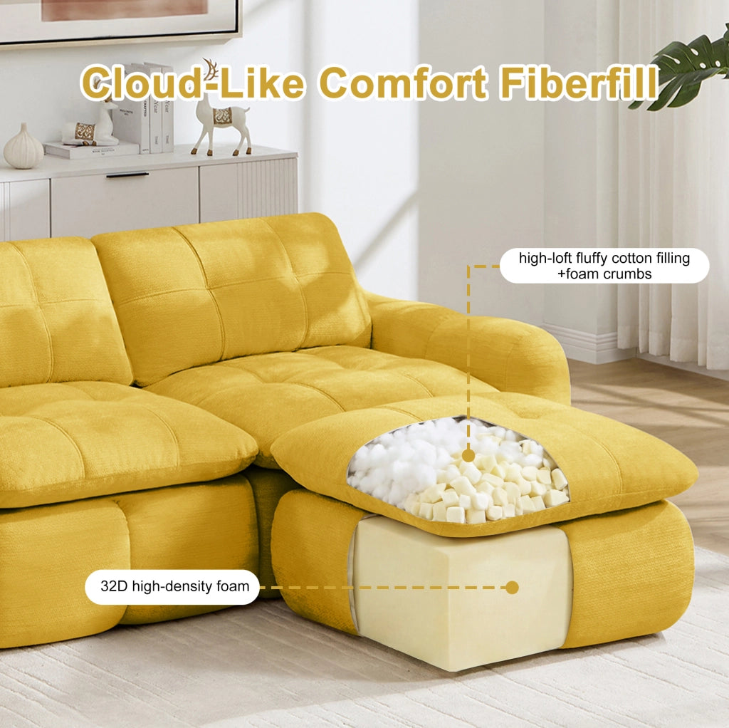 Divano modulare 4 posti senza telaio in chenille giallo, schiuma ad alta densità 32D, per soggiorno e appartamenti, senza montaggio