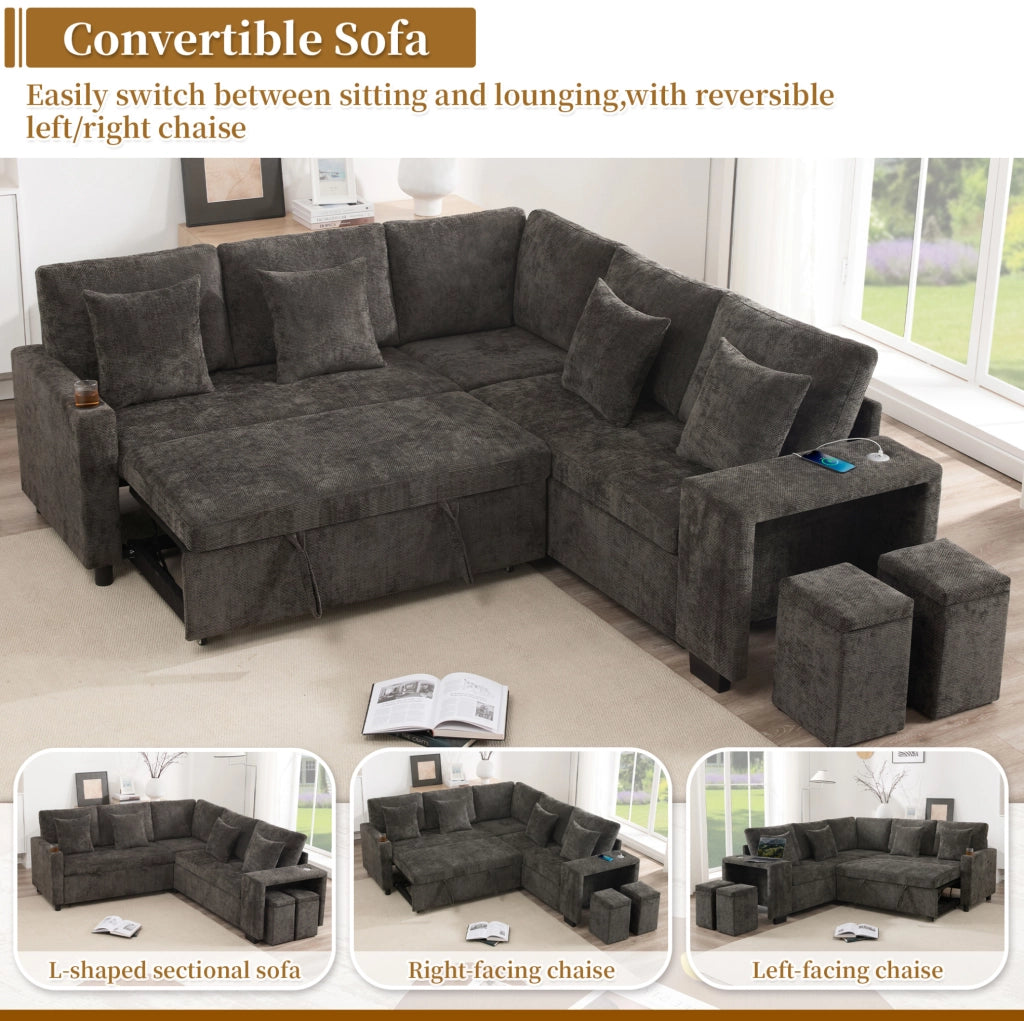 Divano angolare letto L, 5 posti con pouf contenitore, tessuto chenille grigio, USB e USB-C, braccioli larghi, con cuscini inclusi