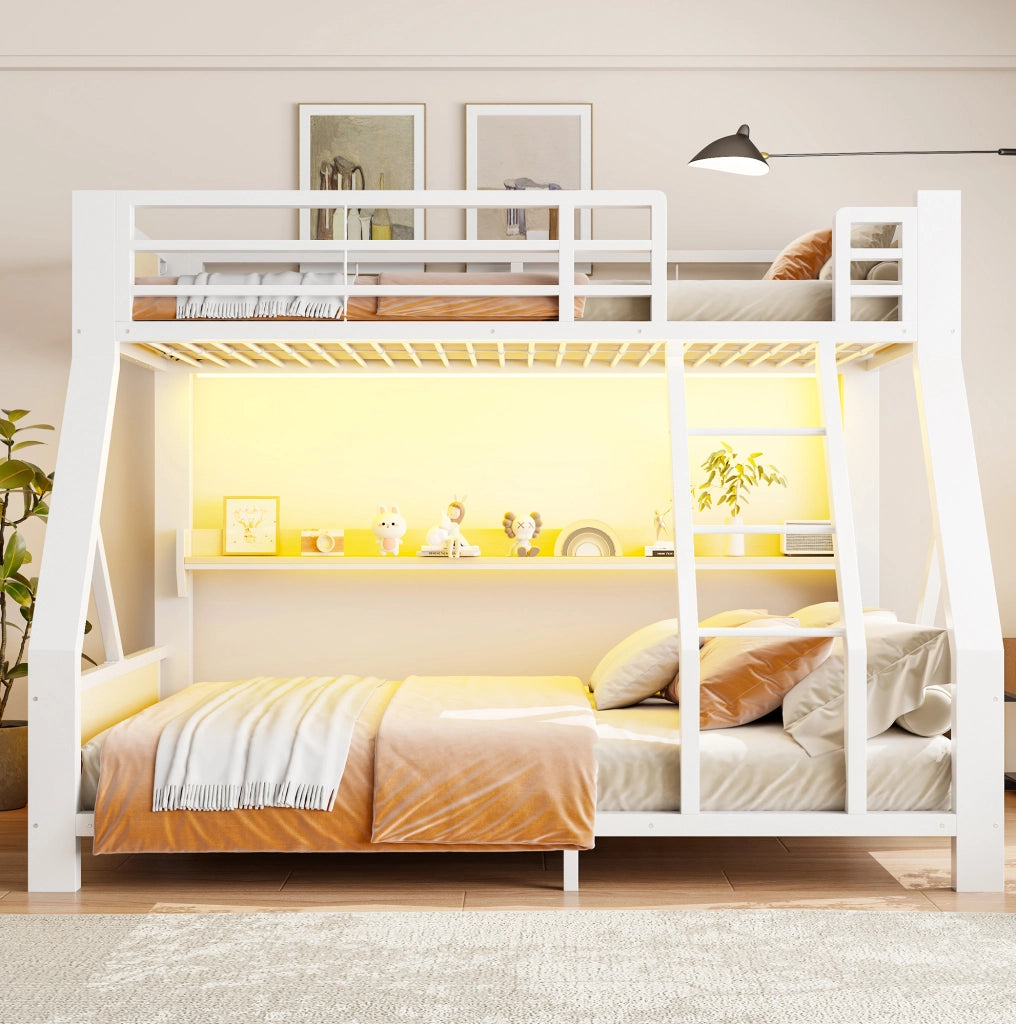 Letto a Castello in Metallo e Legno con LED e Ripiano 90 x 200/140 x 200 cm Bianco - Senza Materasso