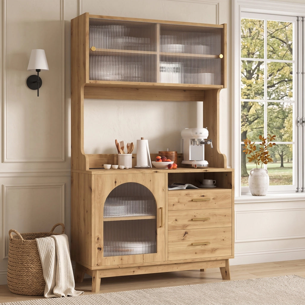 Credenza alta da sala da pranzo in legno con presa; porte USB-A e USB-C; frontale in acrilico ondulato 100.5 × 40 × 178 cm