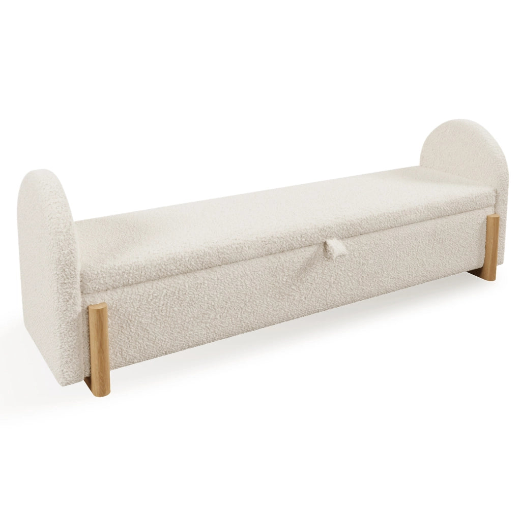 Panca contenitore 146x47x61 cm in boucl¨¦ con MDF e legno massello, bianca