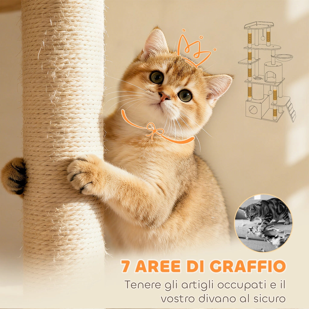 Tiragraffi per Gatti con 2 Casette e Amaca ¨C Xylo ¨C Grigio 60x40x170 cm