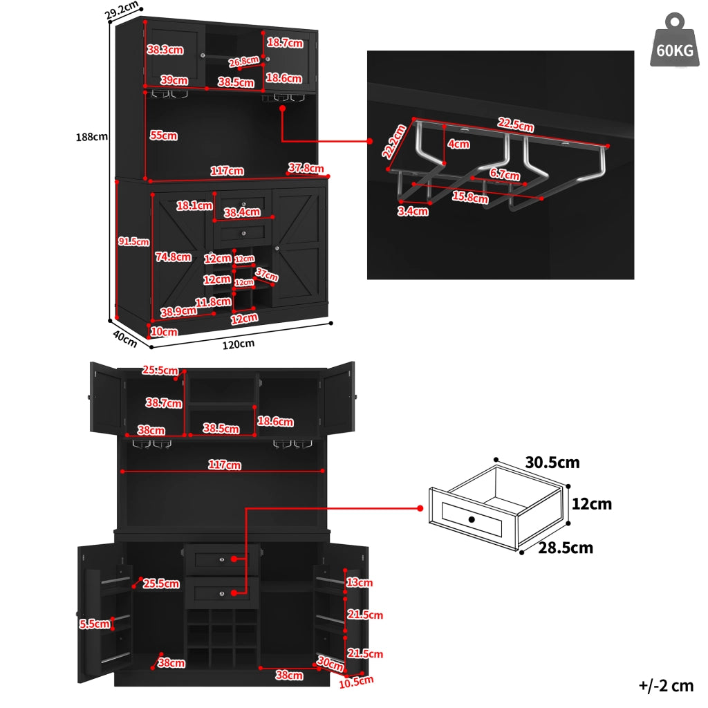 Credenza da cucina con 4 ante ripiani regolabili portabottiglie e vano aperto in MDF nera 120 × 40 × 188 cm