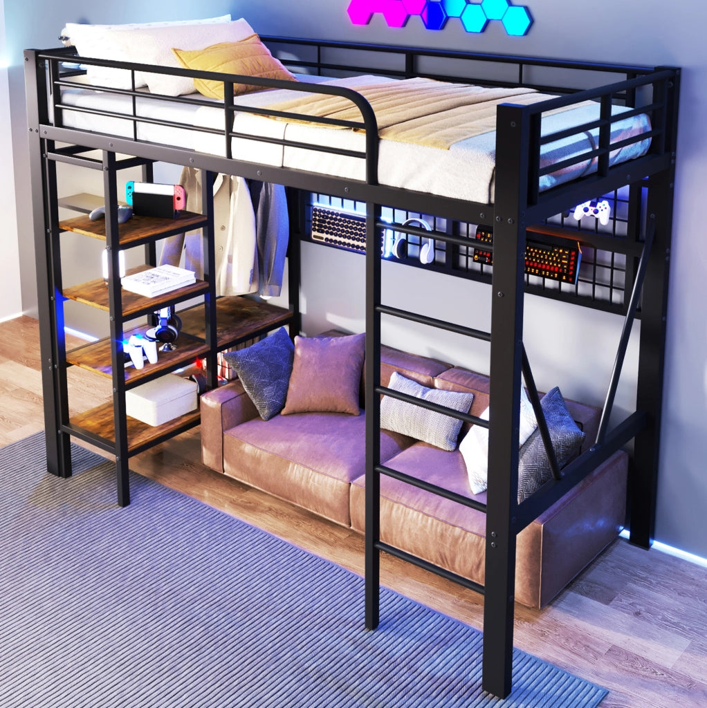 Letto a soppalco singolo 90x200 cm con LED regolabile; ripiano e rete appendioggetti; nero