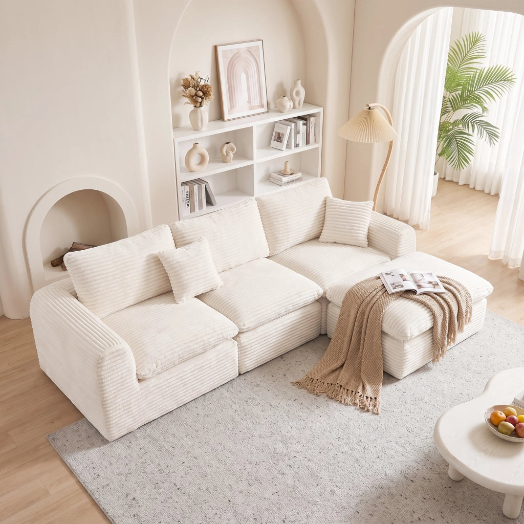 Divano modulare a 3 elementi configurabile con rivestimento in velluto a coste beige