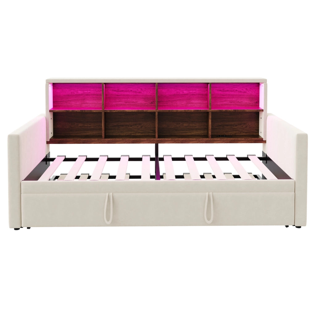 Polsterbett Schlafsofa 90x190 cm mit ausziehbarem Bett, integriertem Staufach, LED-Lichtleiste und Ladeanschlüssen, Samtbezug Beige