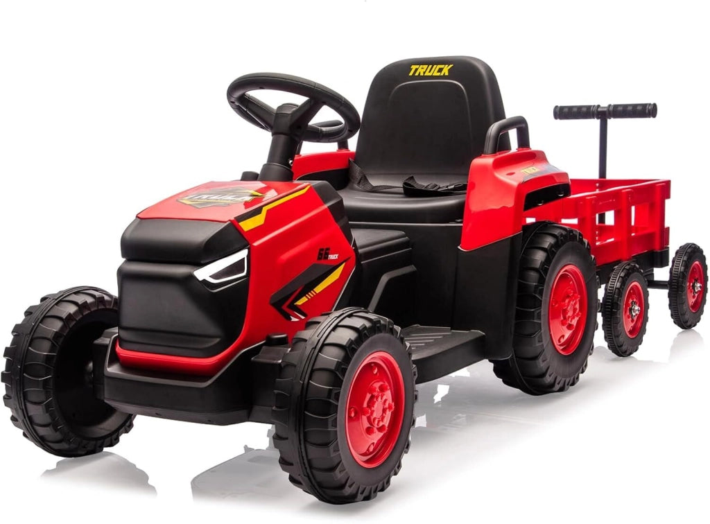 Trattore Elettrico per Bambini 12V con Ruspa e Rimorchio Rimovibile; 6 Ruote; Luci e Telecomando - Rosso