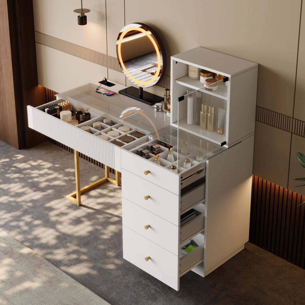 Tavolo da trucco 120x40x120 cm bianco in MDF e vetro, specchio LED e 5 cassetti