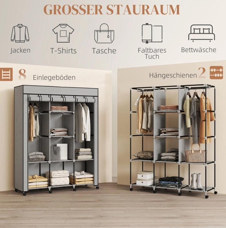 Armadio in tessuto grigio chiaro con 8 ripiani e 2 barre appendiabiti