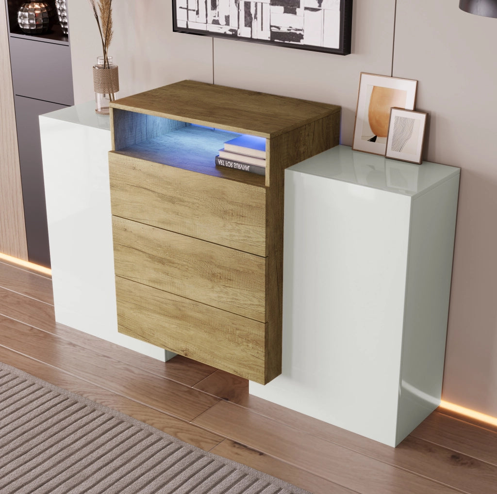 Credenza 140 cm bianca e legno – LED multicolore, contenimento organizzato