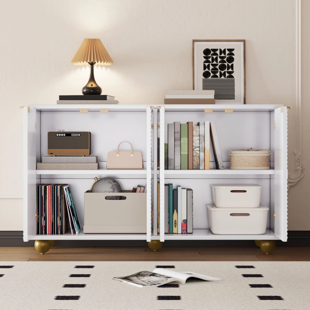 Credenza bianca a quattro ante 120 x 35 x 71;5 cm in MDF con gambe sferiche