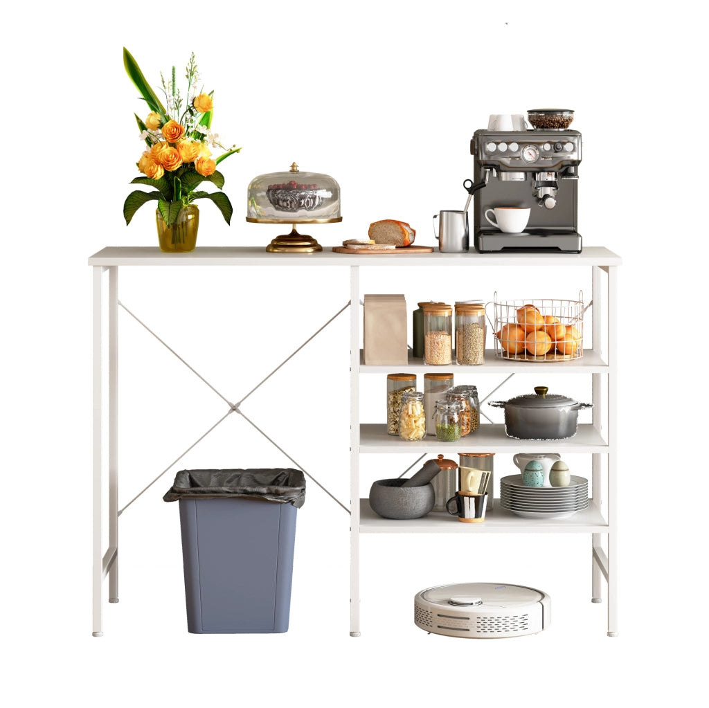 Tavolo Organizer Multifunzionale 120x40x85,5 cm con Struttura in Metallo e Piano Bianco, Montaggio Flessibile per Cucina, Soggiorno, Cantina e Garage