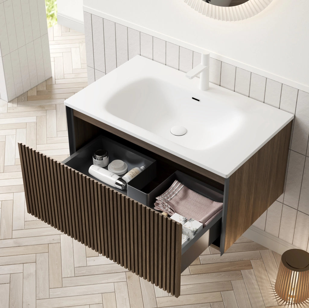 Mobile bagno sospeso con lavabo integrato in resina; cassetto soft-close; rovere marrone e bianco
