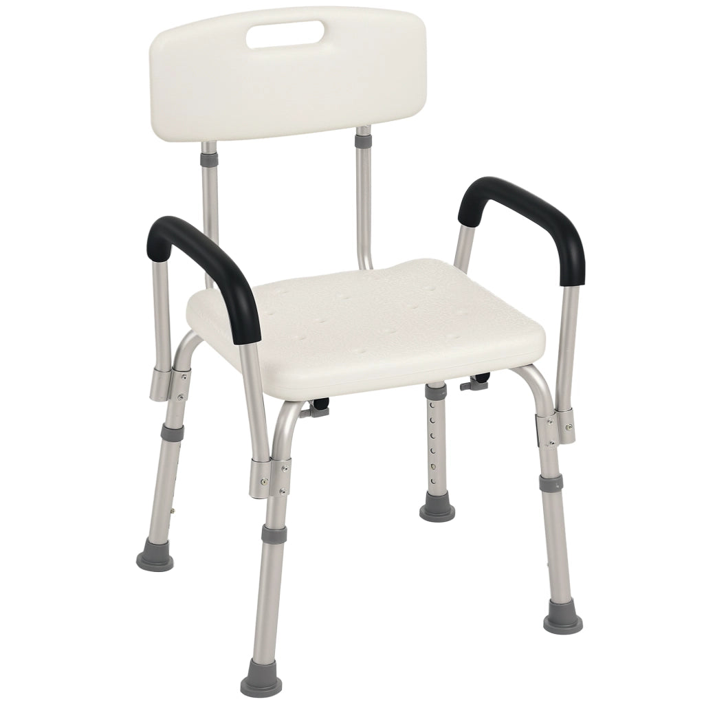 Sedia da Doccia Ergonomica Sedile da Bagno Regolabile con Braccioli e Schienale Rimovibili Piedini Antiscivolo Alluminio e HDPE Bianco Portata 136 kg